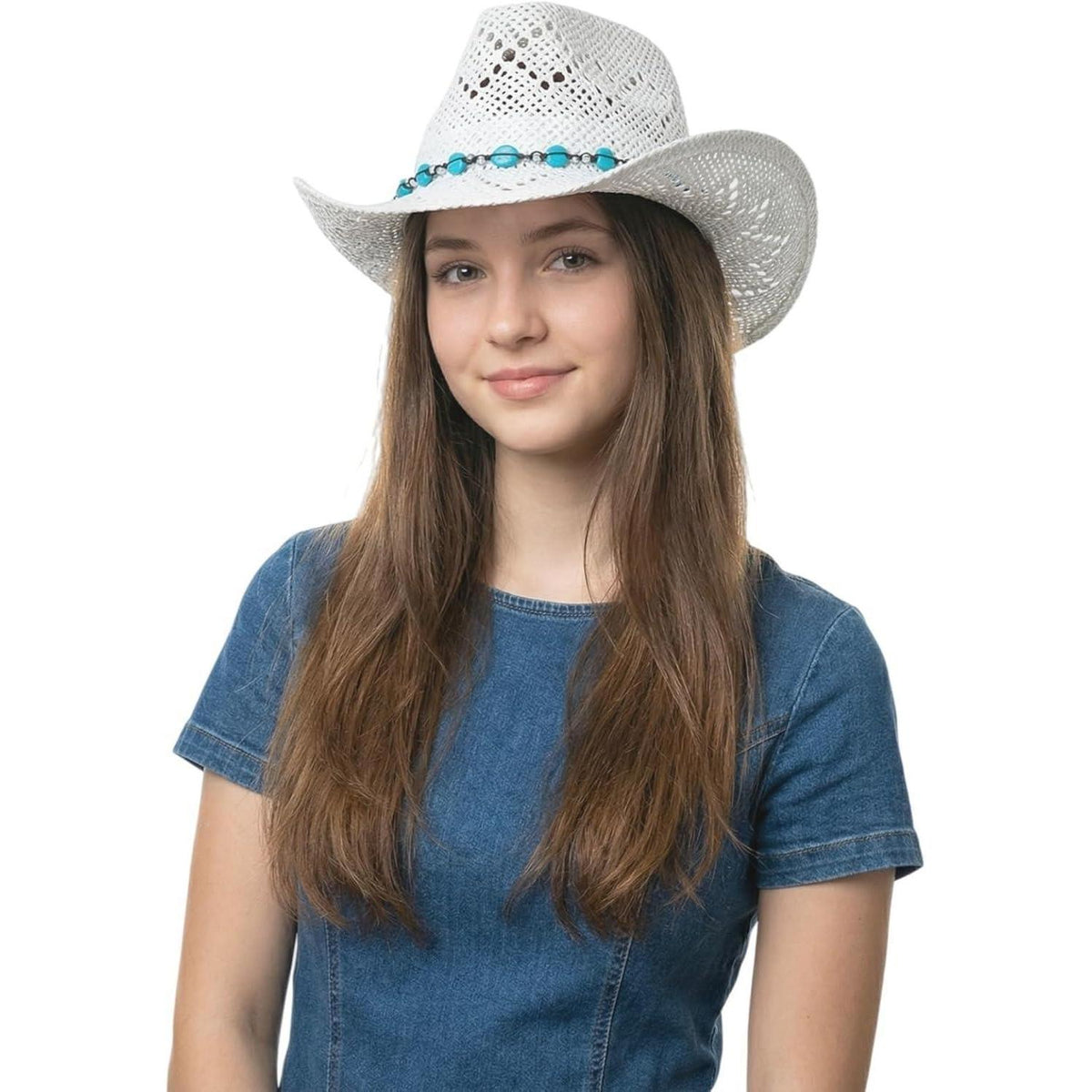Sommer Cowboyhut Damen Stroh mit Perlenbesatz - Weiß