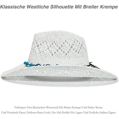 Sommer Cowboyhut Damen Stroh mit Perlenbesatz - Weiß