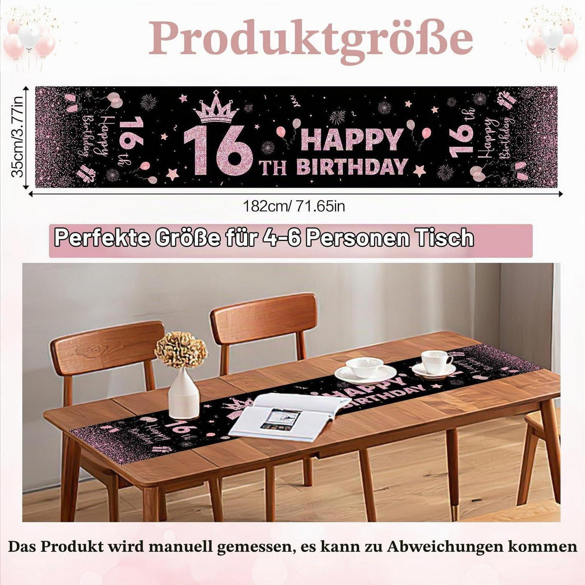 Tischläufer 16 Geburtstag Schwarz-Rosa – Leinenoptik