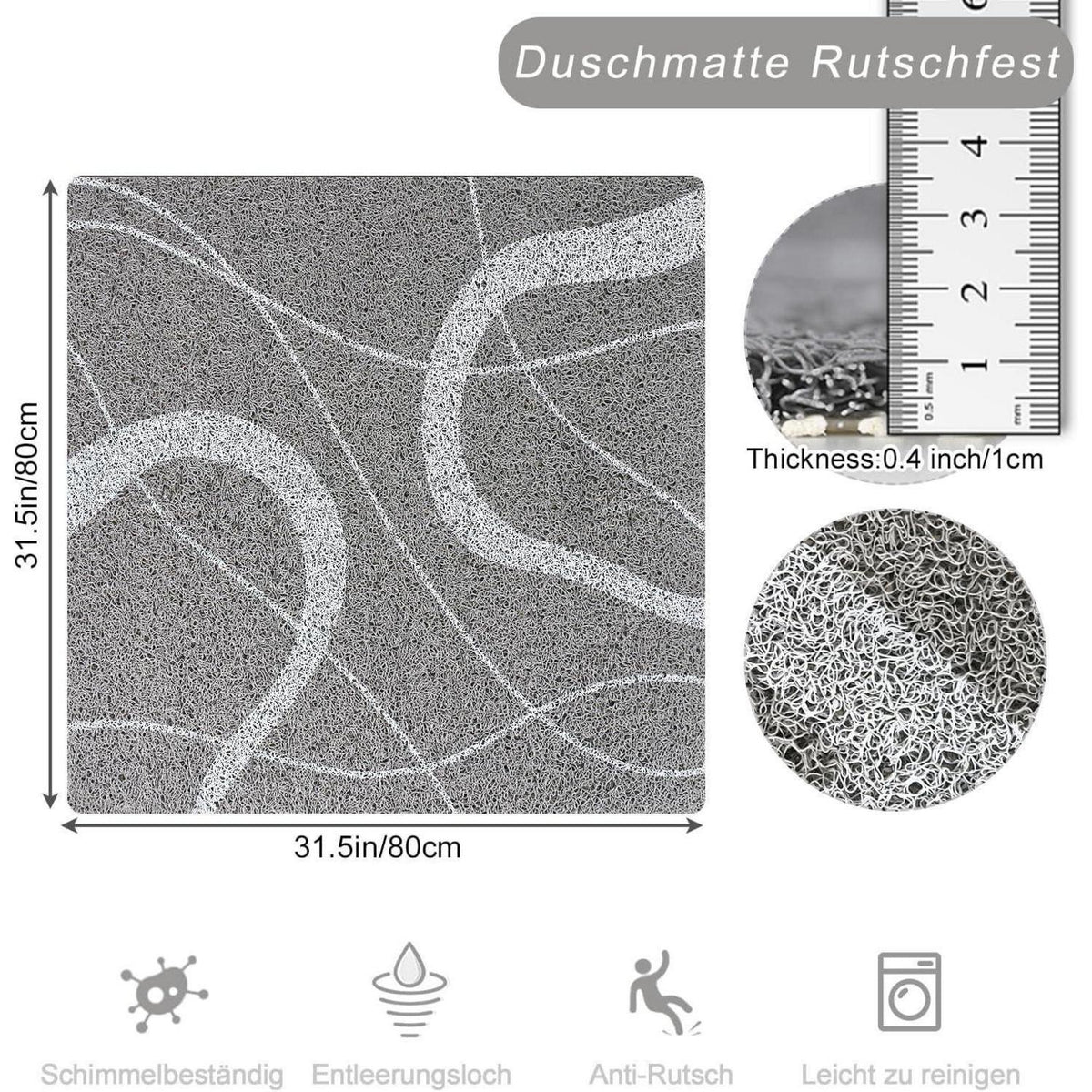 Rutschfeste Duschmatte 80x80 cm - Weiche Massage Matte Grau