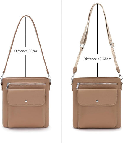 Damen Umhängetasche Mittelgroß Crossbody Tasche 3 Reißverschlusstaschen