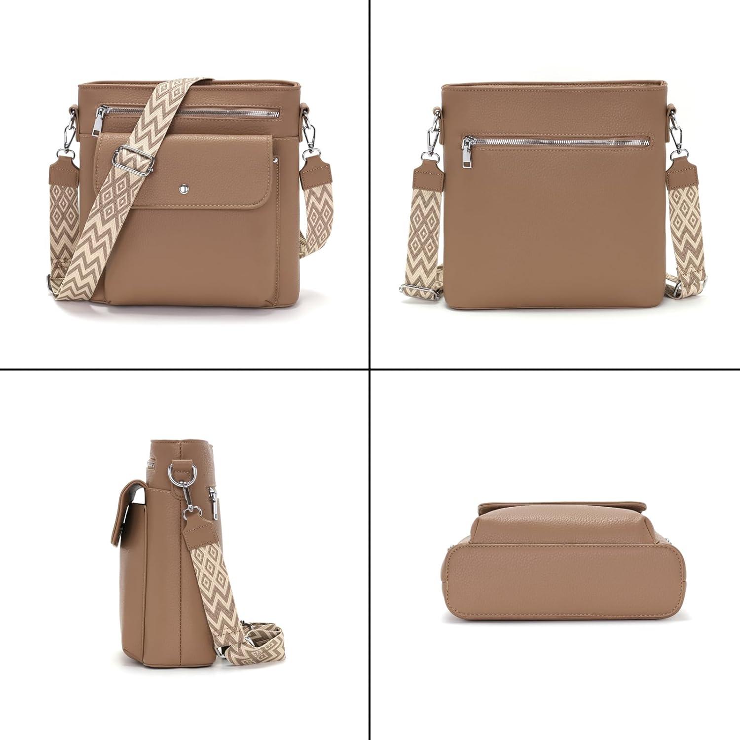 Damen Umhängetasche Mittelgroß Crossbody Tasche 3 Reißverschlusstaschen