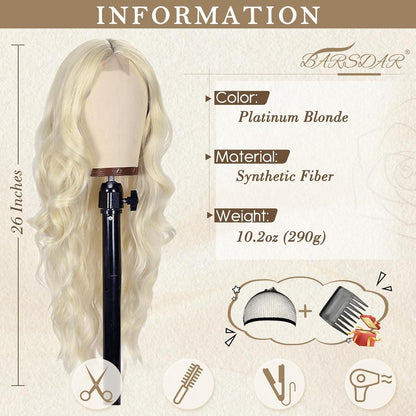Lange Wellig Platin Blond Synthetische Perücke 66 cm