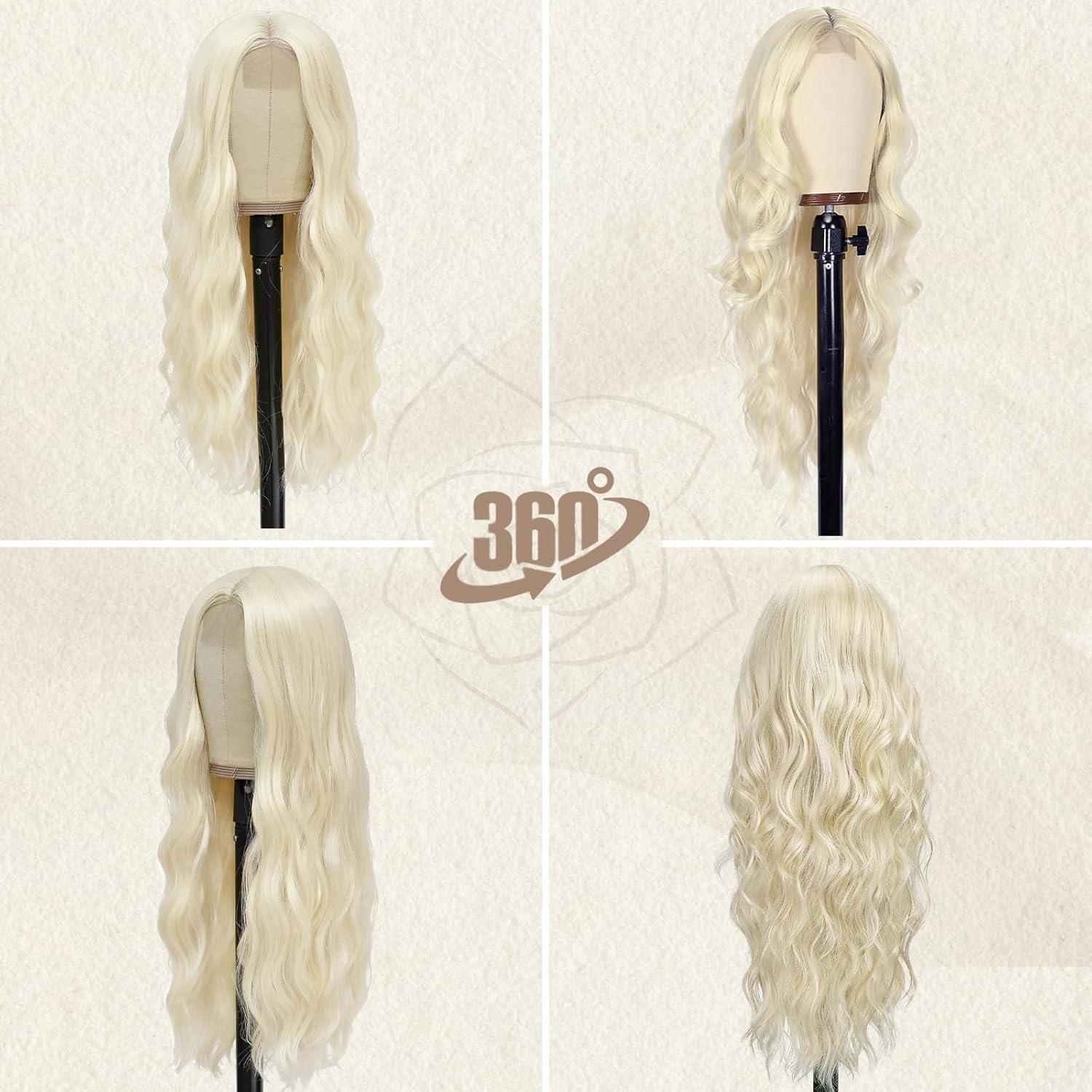 Lange Wellige Platin Blond Perücke 66cm Natürliches Haar Frauen