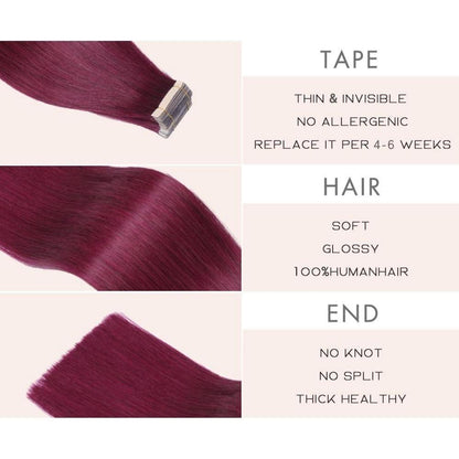 Echthaar Tape Extensions Burgunderrot 60cm (24 Zoll)