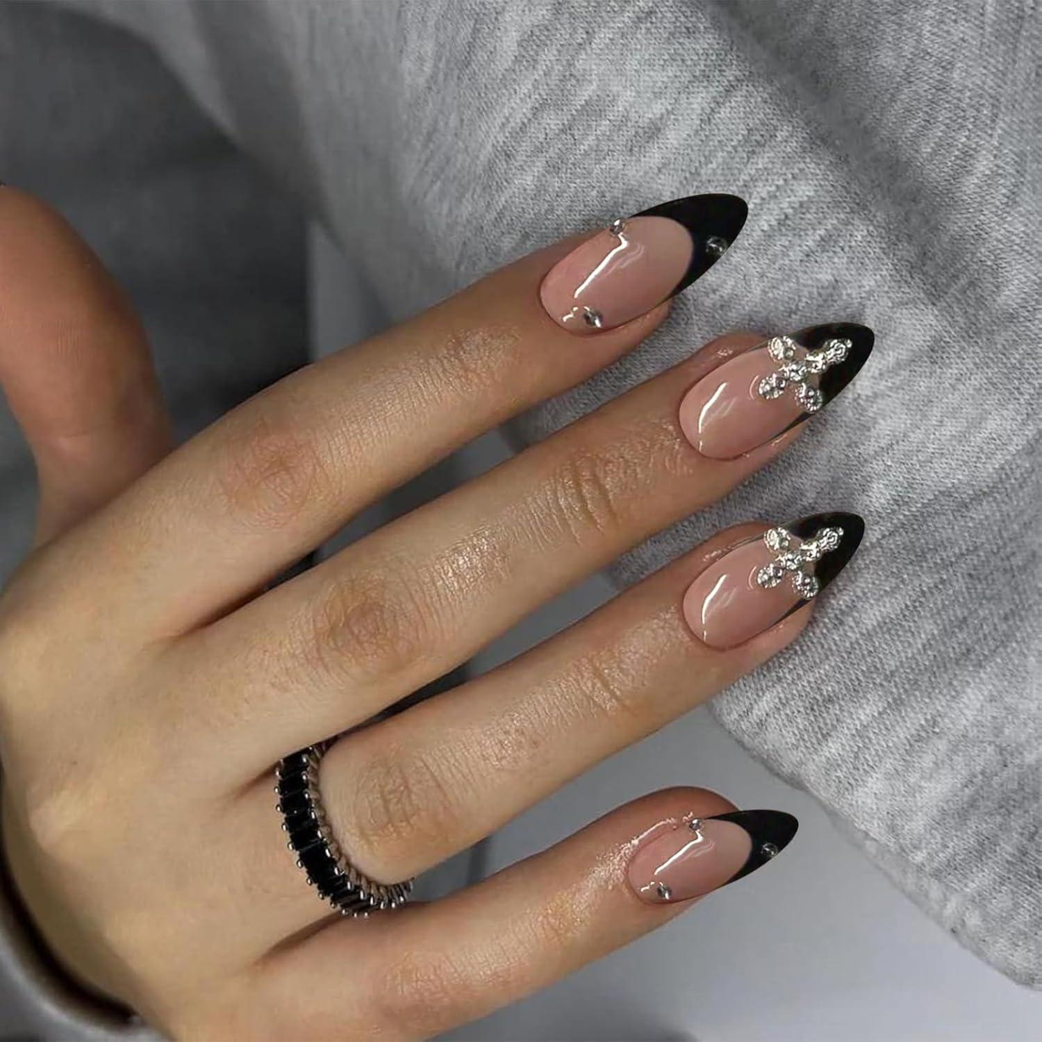 24er Set Mandelkreuz Design 3D Schwarz Press On Nails French Tip Acryl