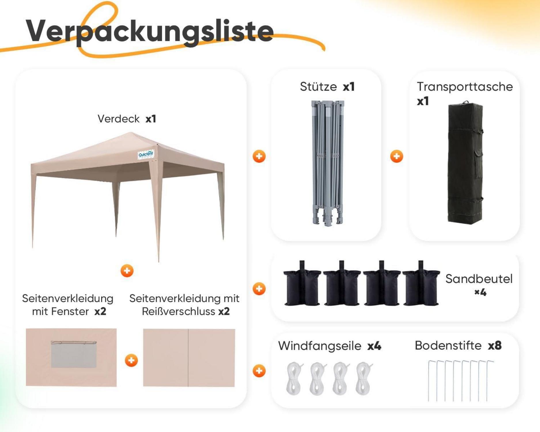 Pavillon 3x3m mit 4 Seitenteilen Wasserdicht Stabil Winterfest Beige