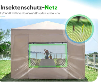 Pavillon 3x3 mit 4 Seitenteilen Wasserdicht Stabil Winterfest Beige