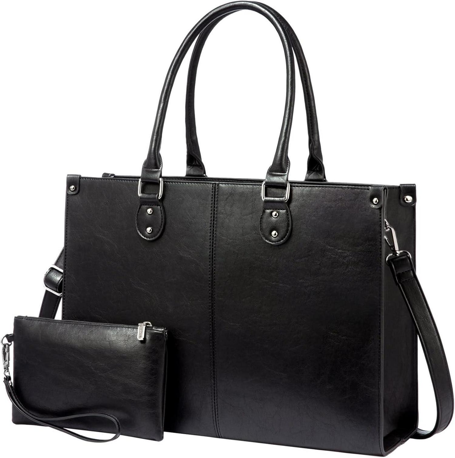 Laptoptasche Schwarz Damen 17.3 Zoll PU Leder Handtasche Umhängetasche