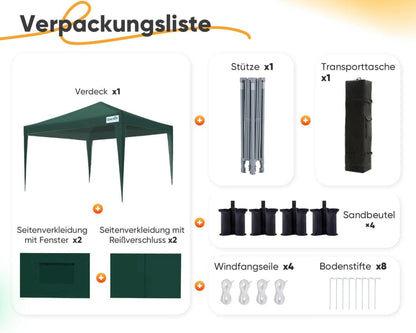 Pop up Pavillon Faltpavillon 3x3m mit 4 Seitenteilen Grün