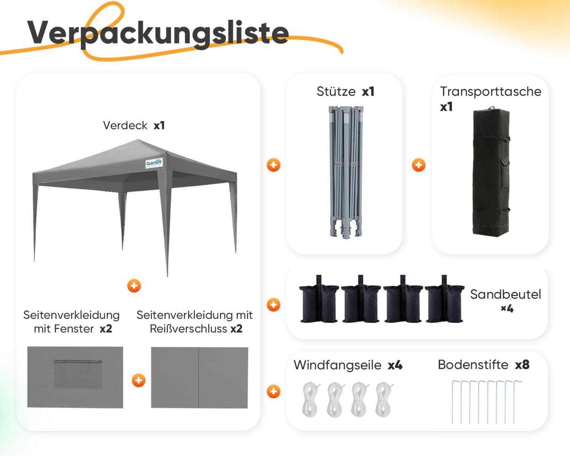 Pavillon 3x3 mit 4 Seitenteilen Wasserdicht Stabil Winterfest Grau