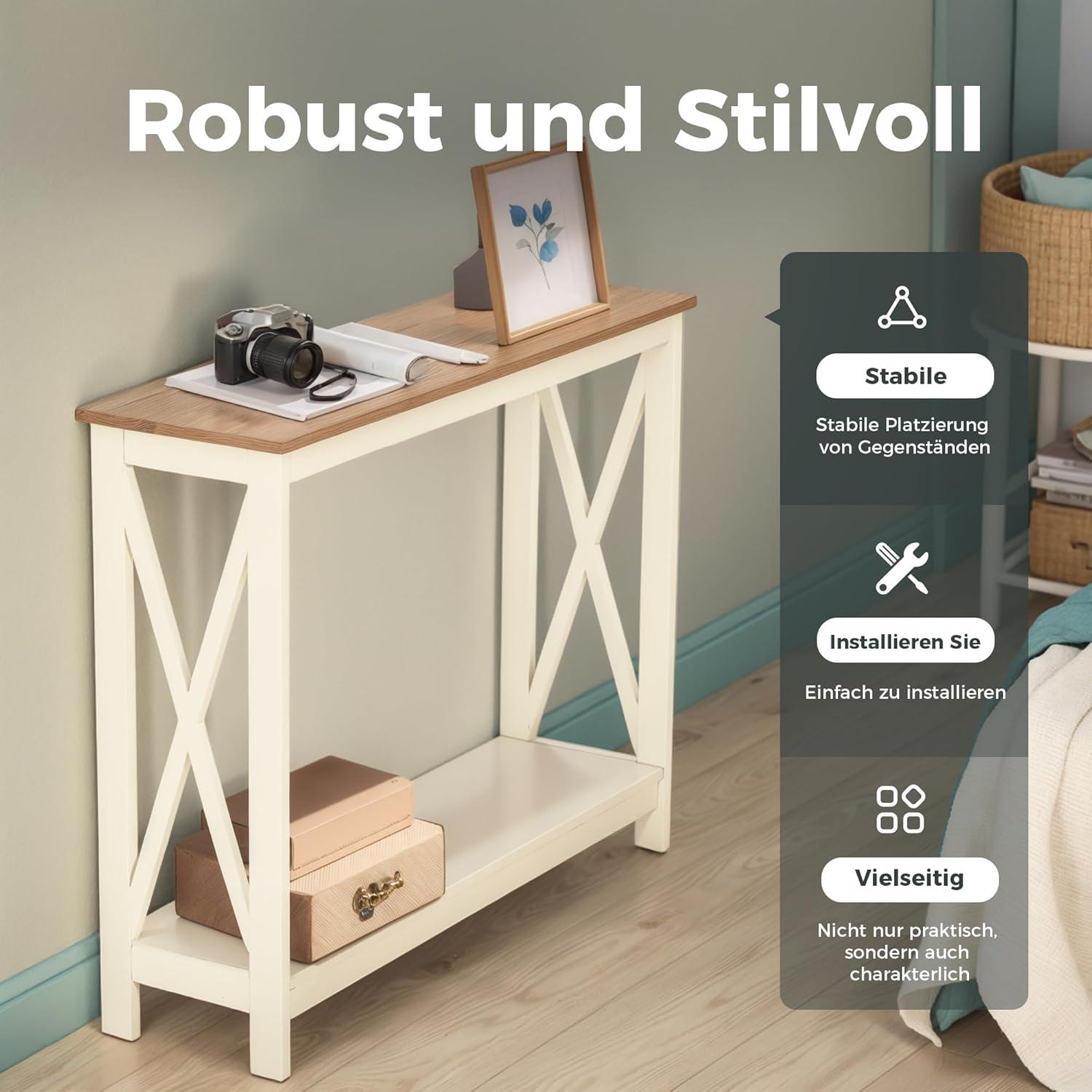 MAISON ARTS Schmaler Konsolentisch mit Ablageregalen und X-förmiger Struktur