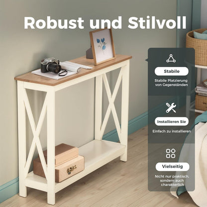 MAISON ARTS Schmaler Konsolentisch mit Ablageregalen und X-förmiger Struktur