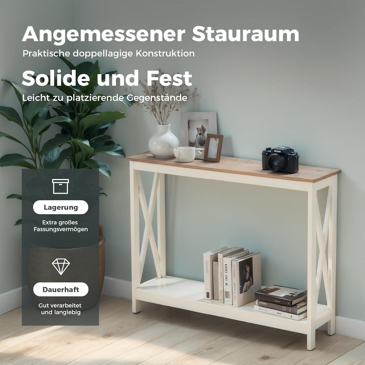 MAISON ARTS Schmaler Konsolentisch mit Regalen Holzoptik für Flur & Wohnzimmer