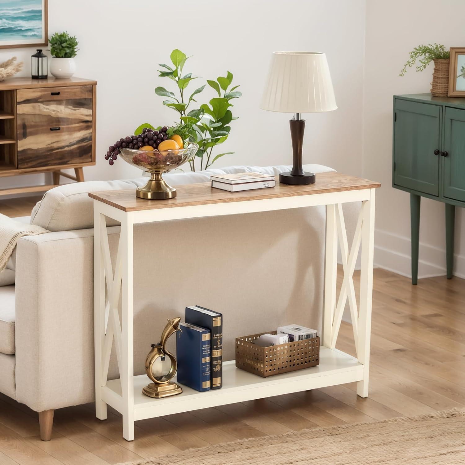 MAISON ARTS Schmaler Konsolentisch mit Regalen Holzoptik für Flur & Wohnzimmer