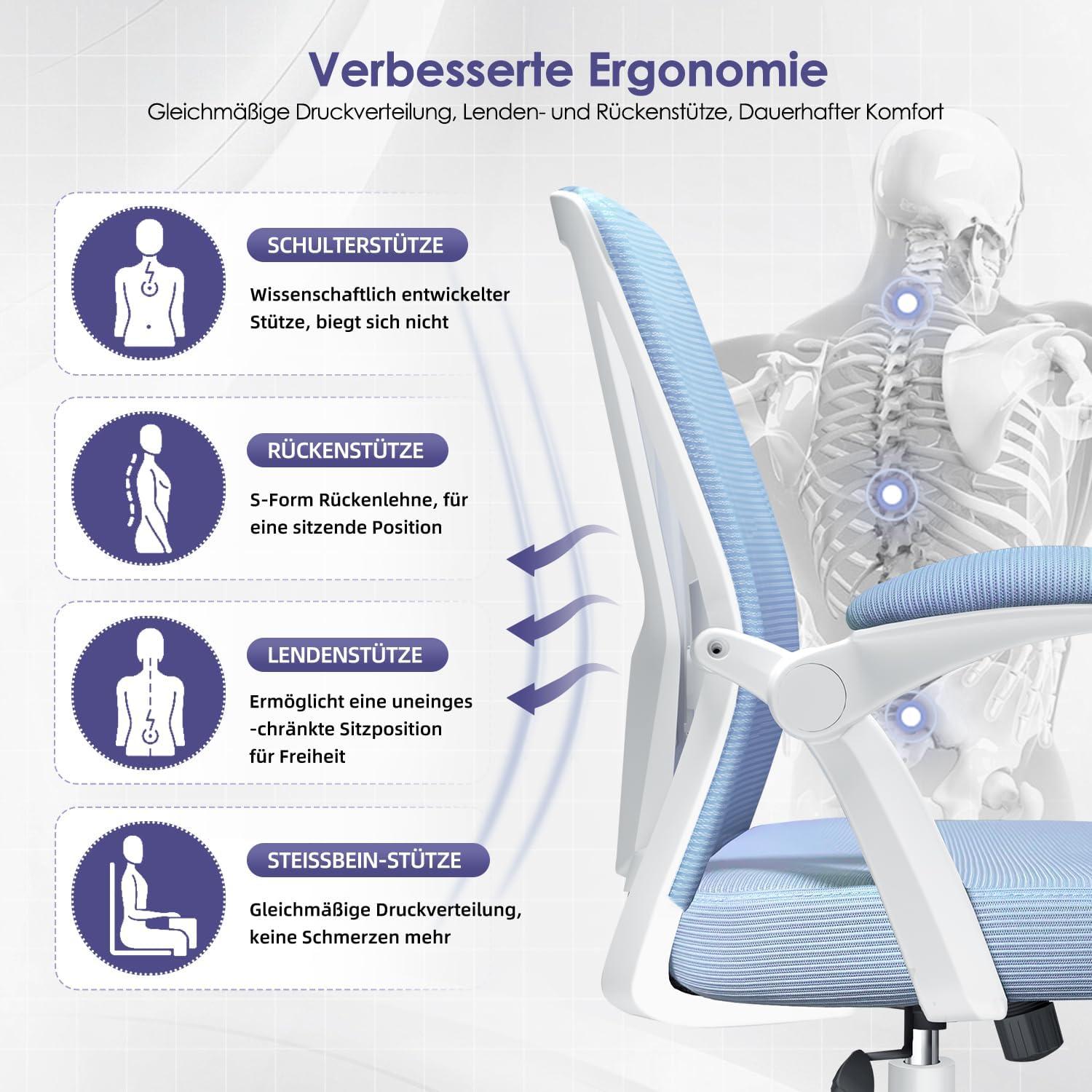 Ergonomischer Bürostuhl mit Lendenstütze, Armlehnen, Wippfunktion, höhenverstellbar, bis 150kg, Blau