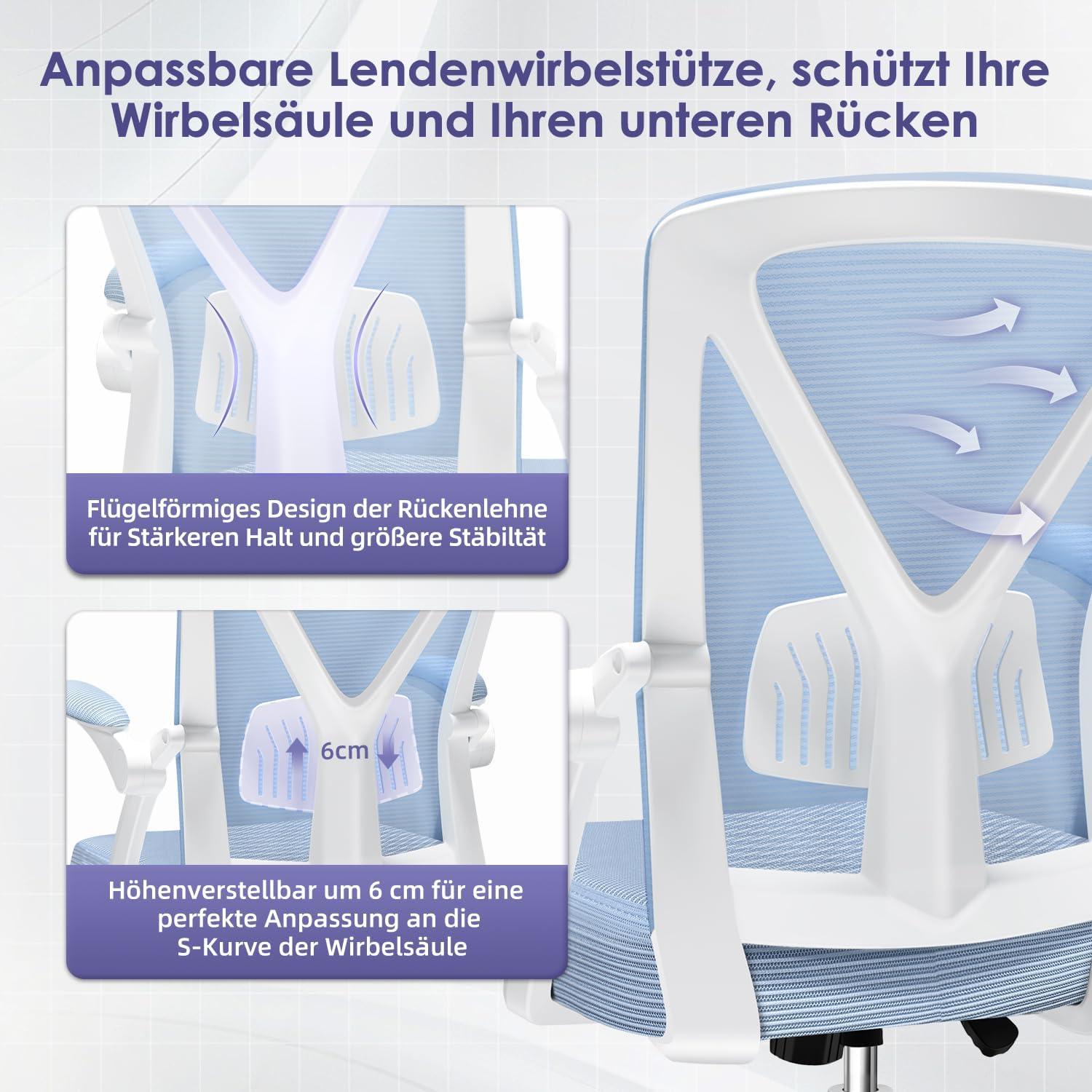 Ergonomischer Bürostuhl mit Wippfunktion und Lendenstütze - Blau
