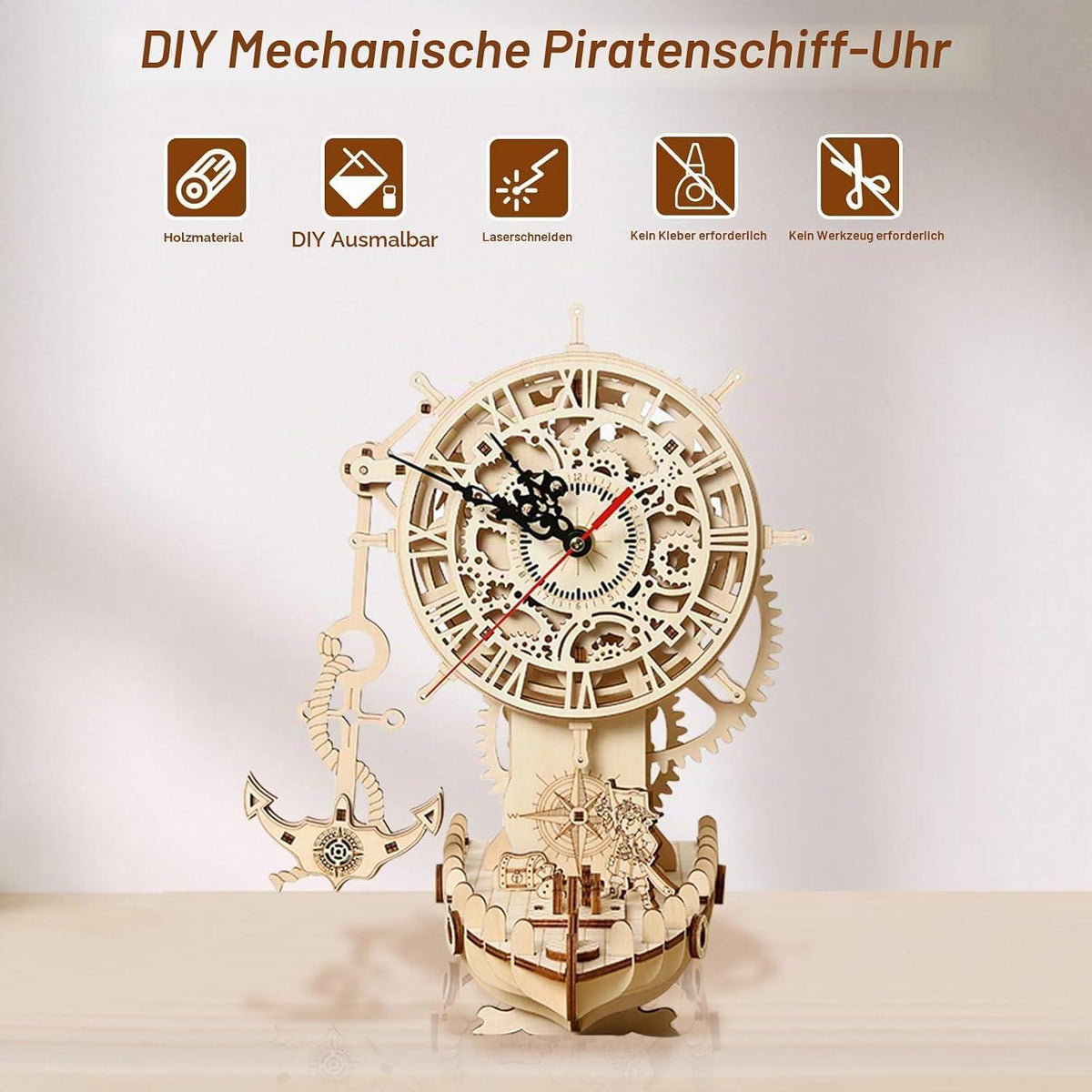 3D Holzpuzzle Uhr – Piratenschiff Modellbausatz zum Selberbauen