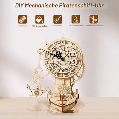 3D Holzpuzzle Uhr – Piratenschiff Modellbausatz zum Selberbauen