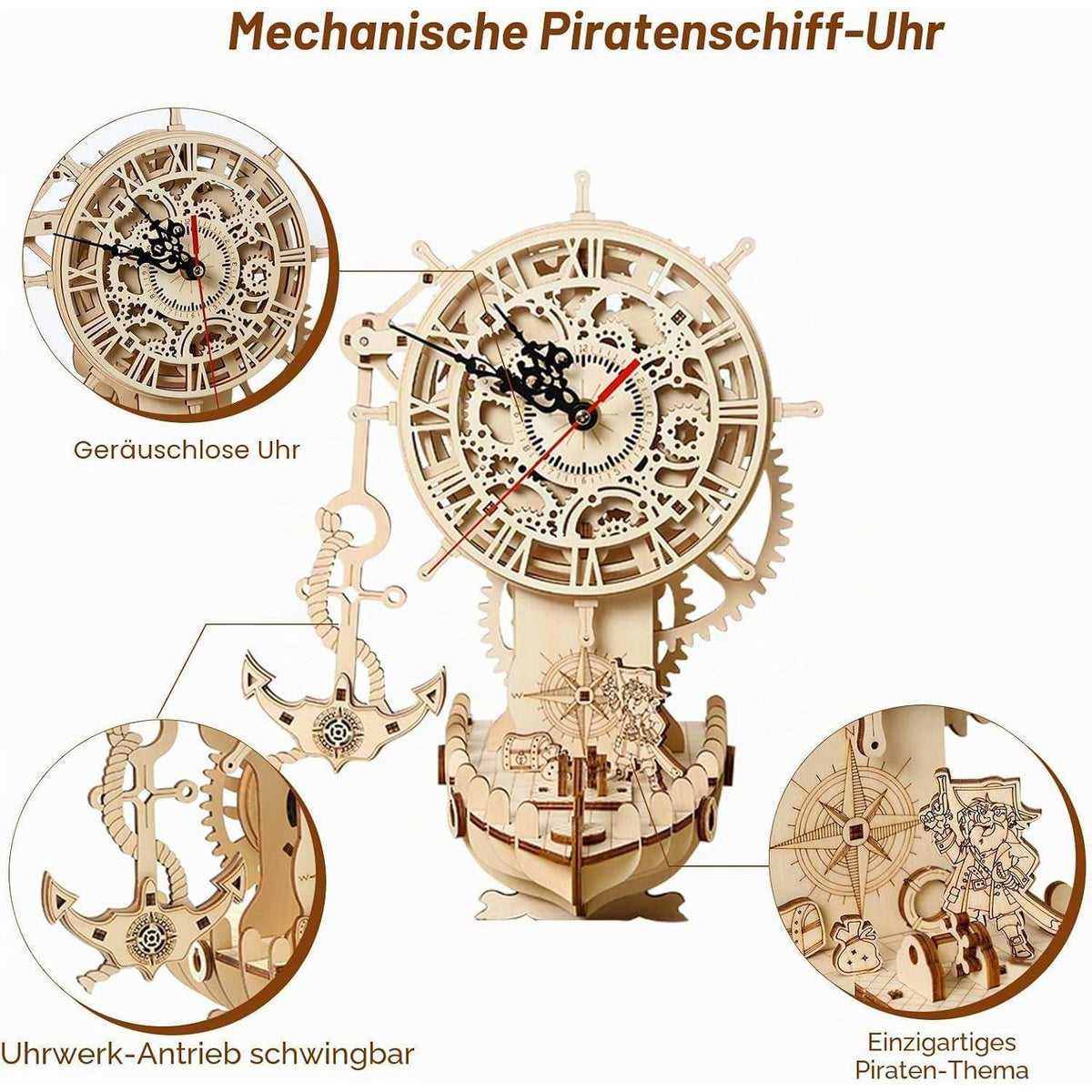 3D Holzpuzzle Uhr – Piratenschiff Modellbausatz zum Selberbauen