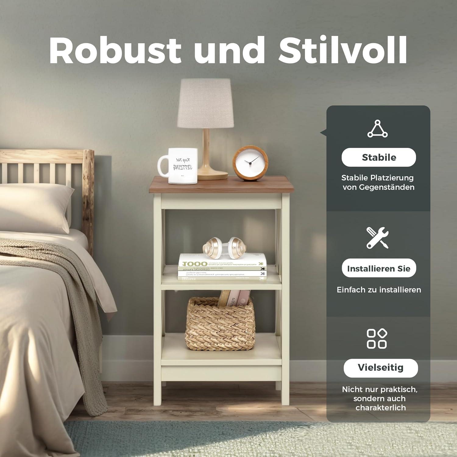 2er Set Nachttisch Beistelltische mit Stauraum 3 Ebenen Elfenbein