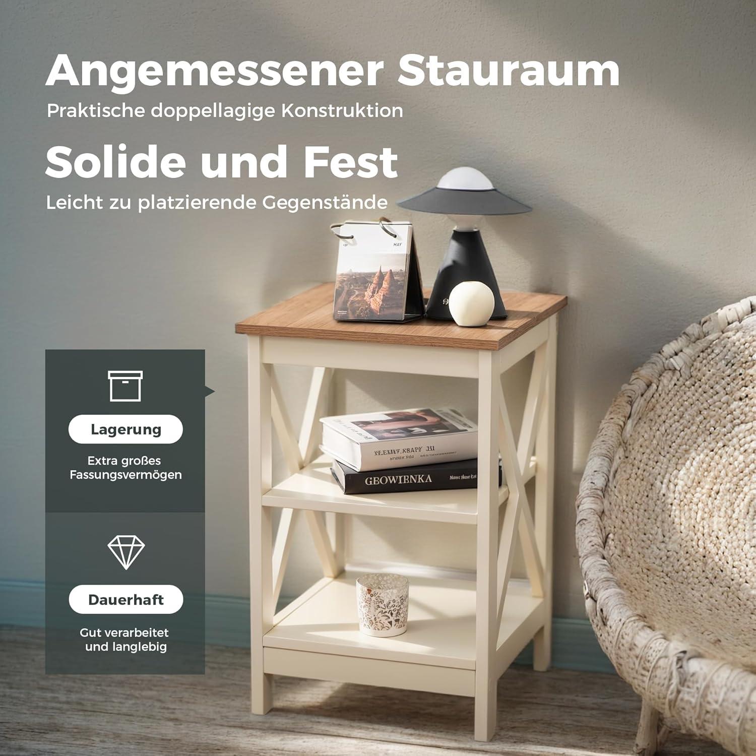 2er Set Nachttisch Beistelltische mit Stauraum 3 Ebenen Elfenbein