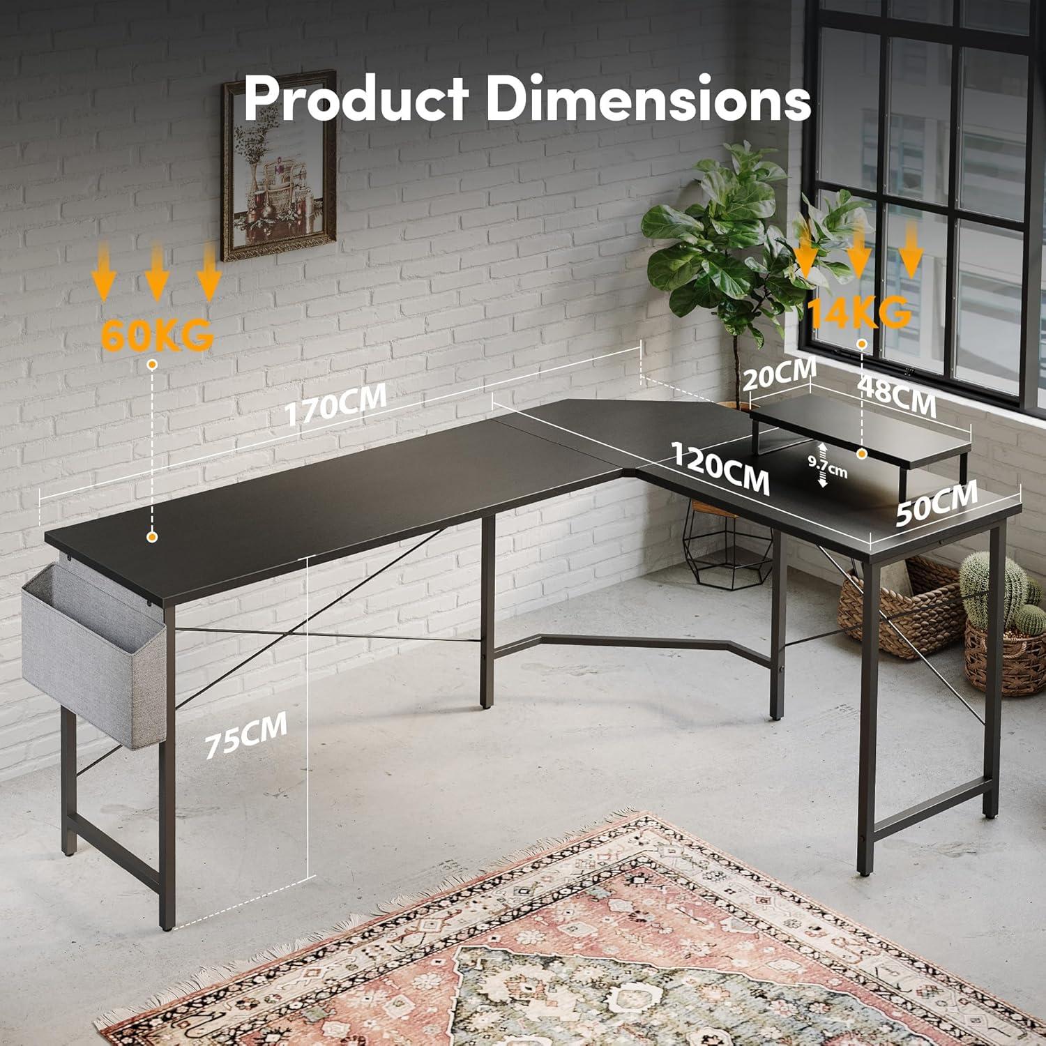 Gaming Eckschreibtisch 170x120cm mit Monitorständer und Tasche