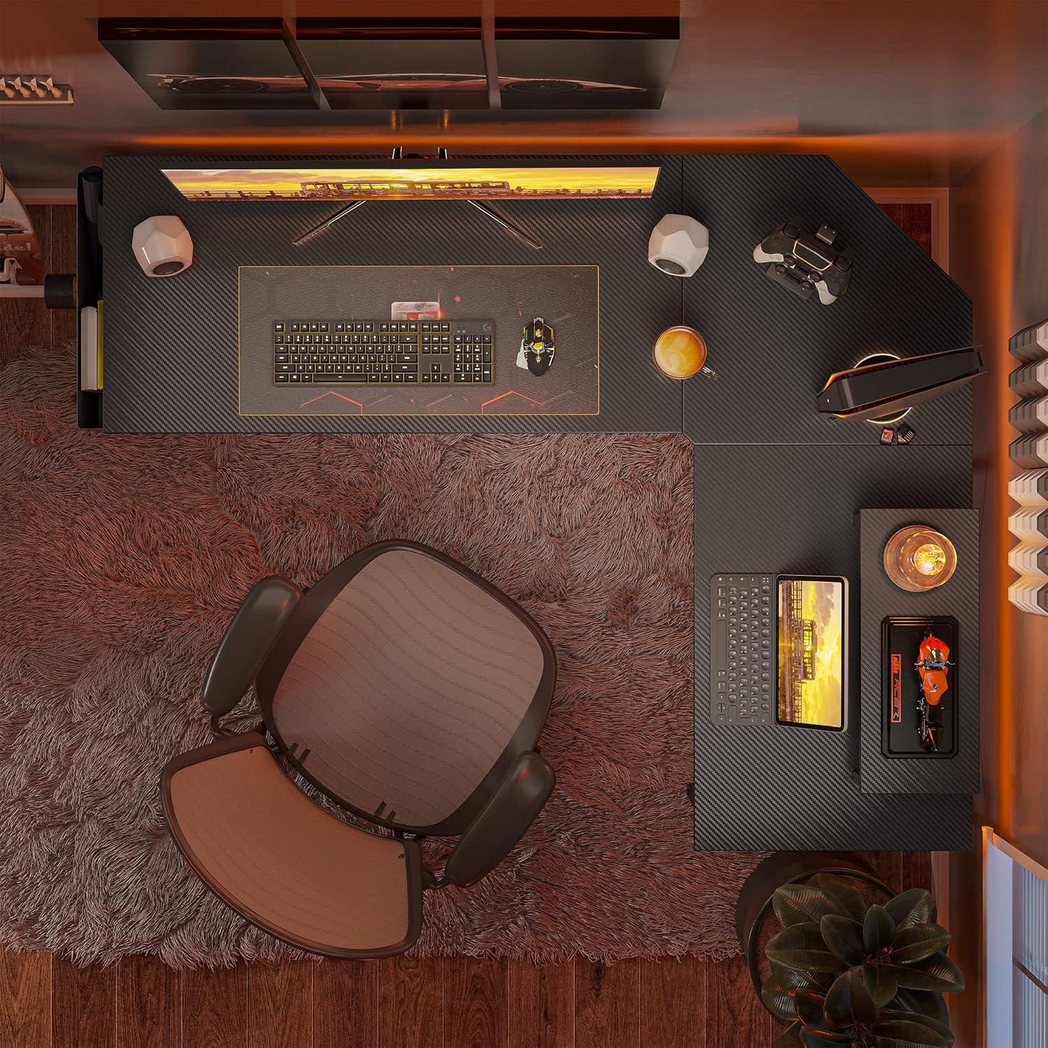 Gaming Eckschreibtisch mit Monitorständer 150x120cm Kohlefaser Schwarz