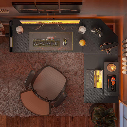 Gaming Eckschreibtisch mit Monitorständer 150x120cm Kohlefaser Schwarz