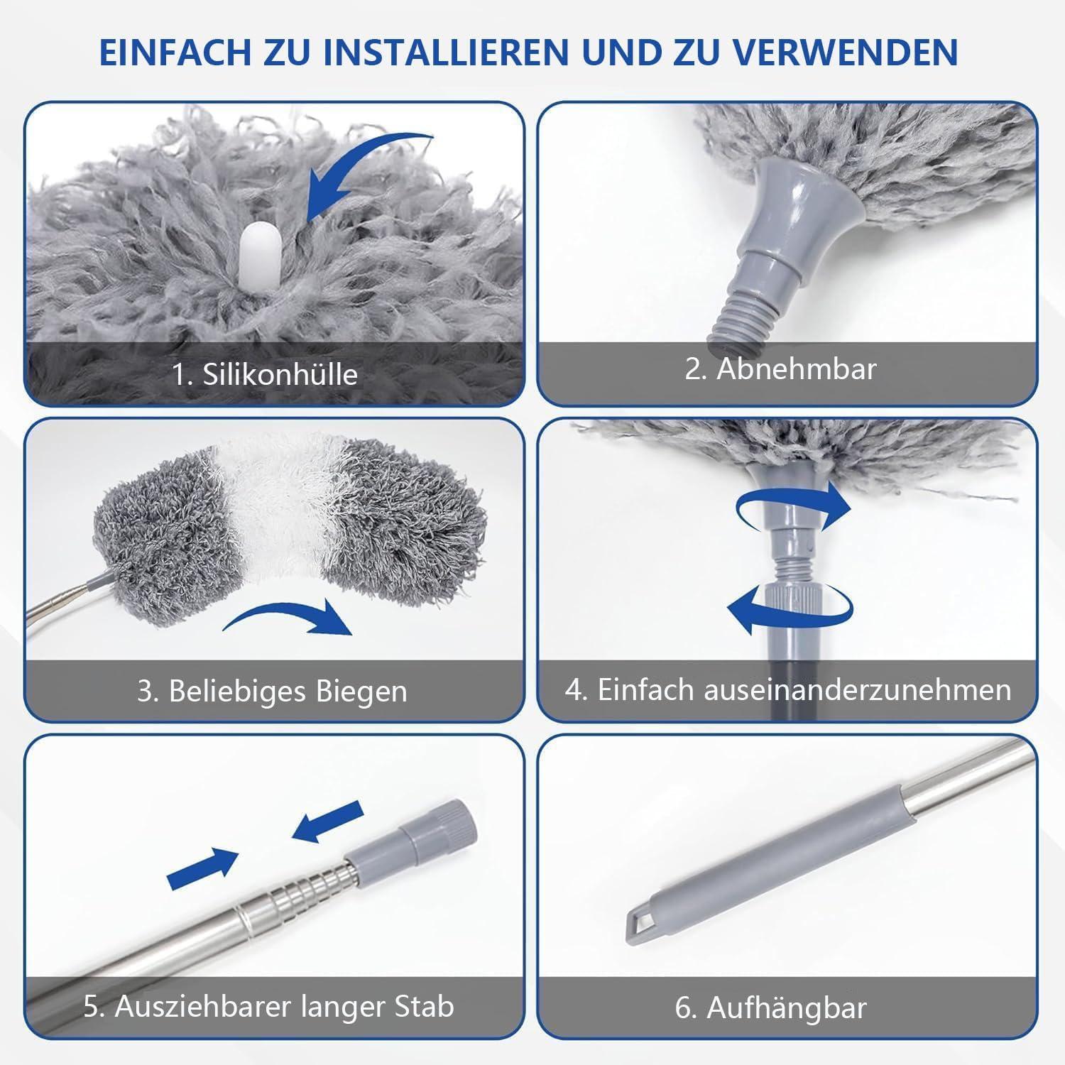 Teleskop Staubwedel Waschbar mit Mikrofaser Stange, Eckbesen und Staubbürste bis 254cm lang