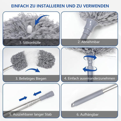 Teleskop Staubwedel Waschbar mit Mikrofaser Stange, Eckbesen und Staubbürste bis 254cm lang