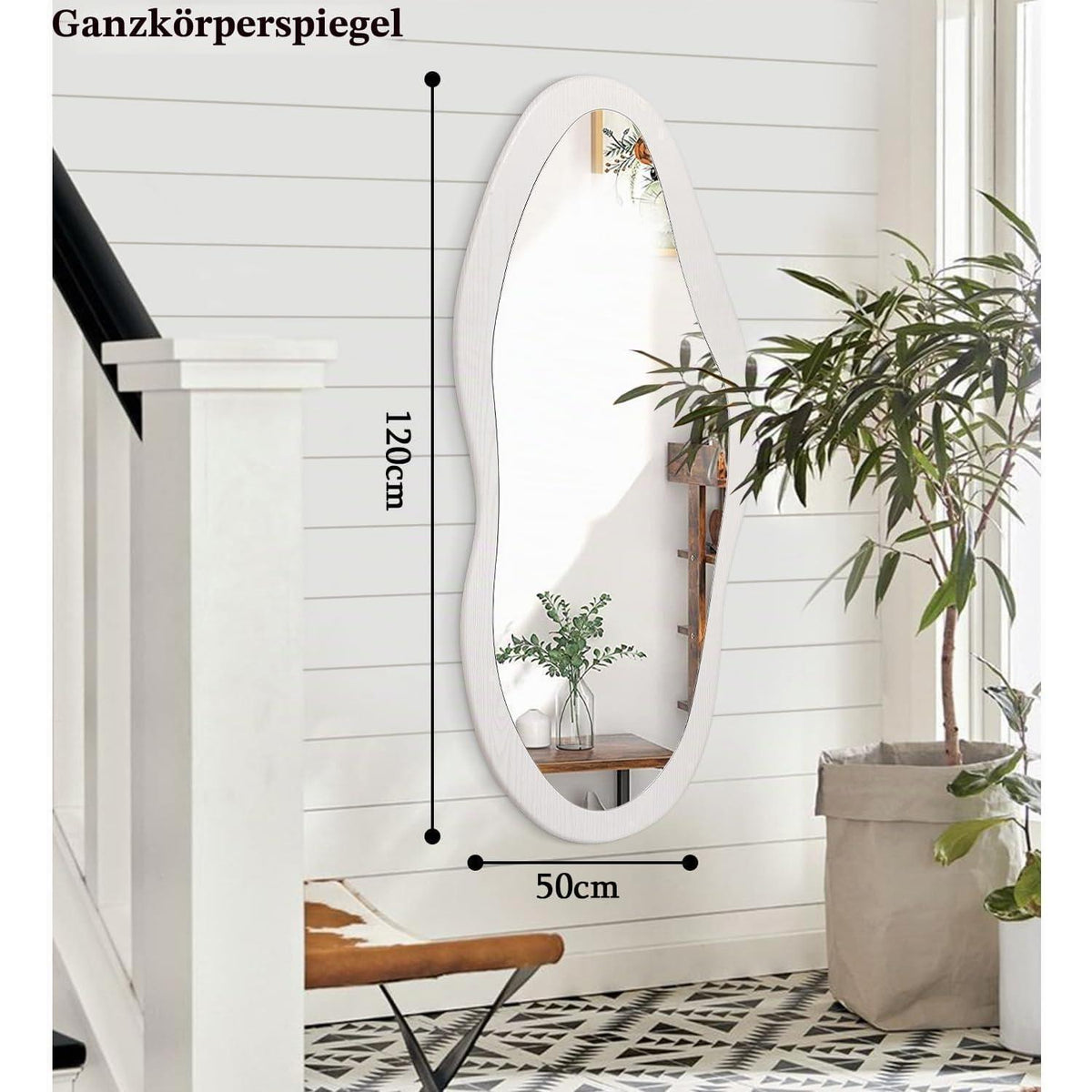 Großer Wandspiegel Holz Asymmetrisch 120x50 cm Weiß