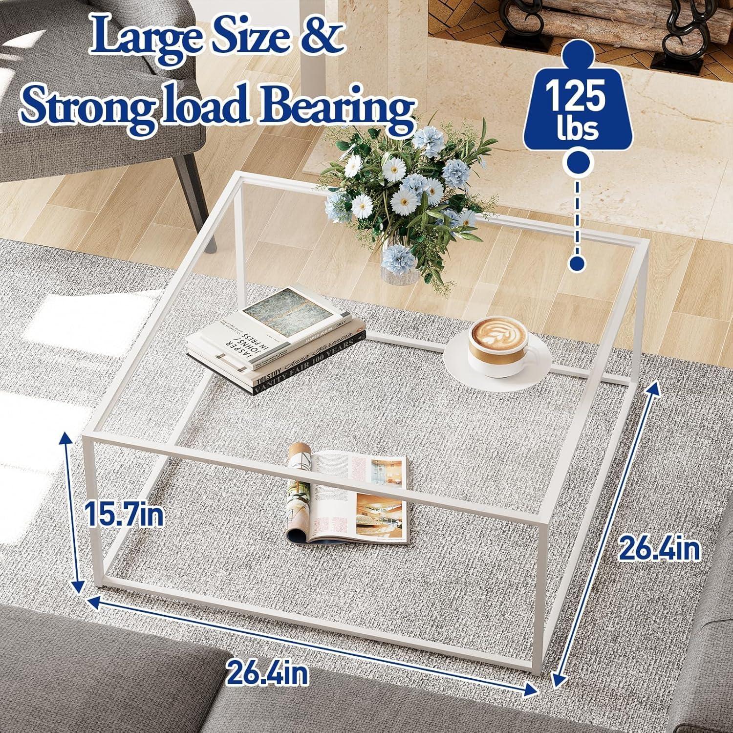 Quadratischer Glas Couchtisch Weiß 67x67x40 cm Metallgestell