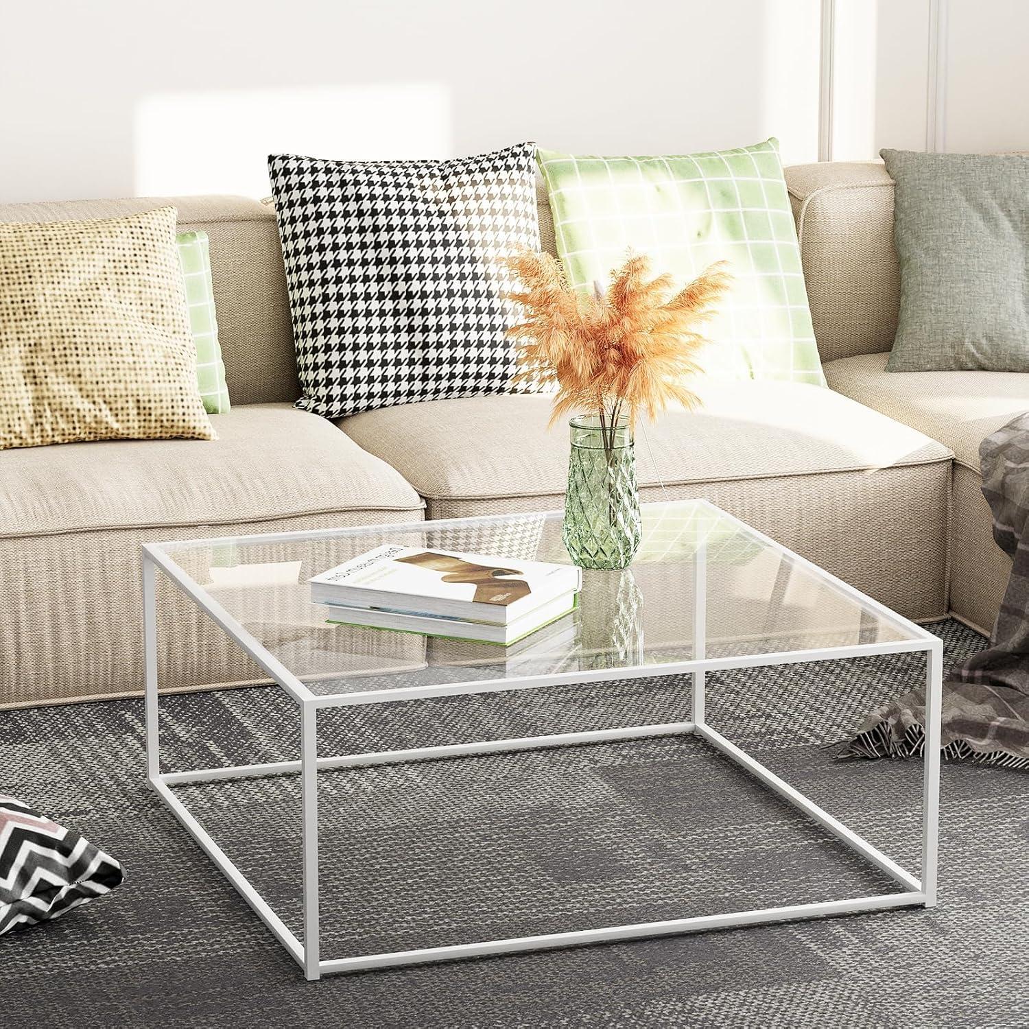 Quadratischer Glas Couchtisch Weiß, Metallgestell, 67x67x40 cm