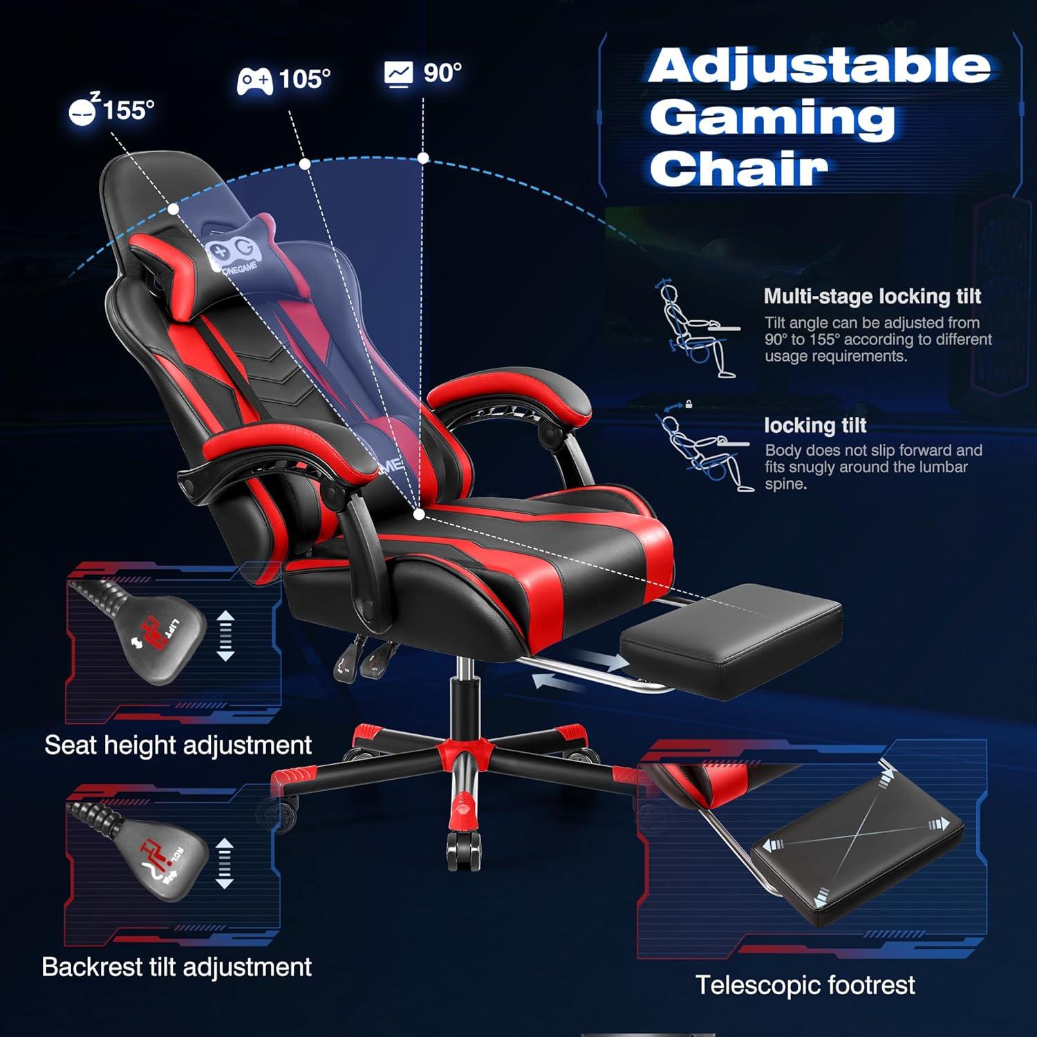 OneGame Gaming Stuhl mit Fußstütze, höhenverstellbar, ergonomisch, Rot