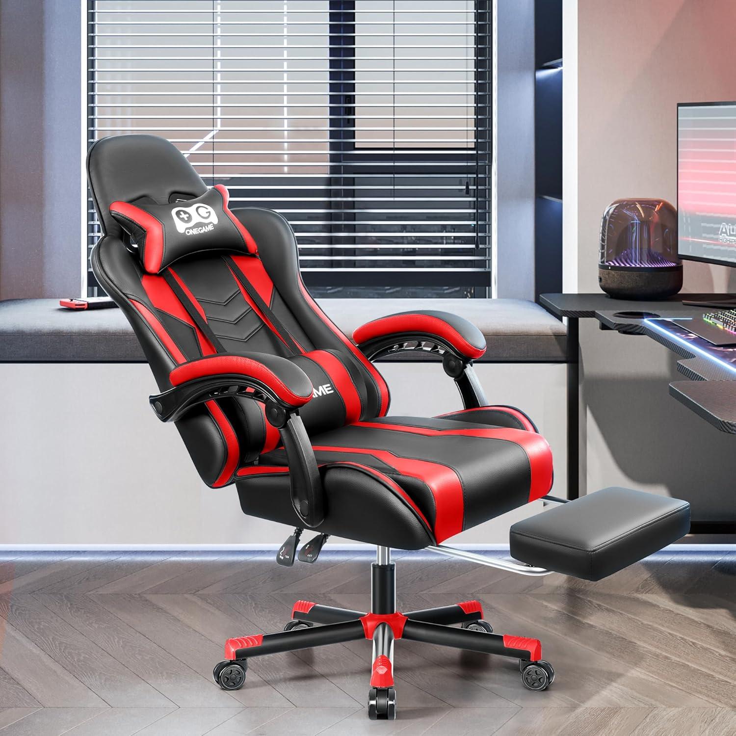 OneGame Gaming Stuhl mit Fußstütze, höhenverstellbar, ergonomisch, Rot