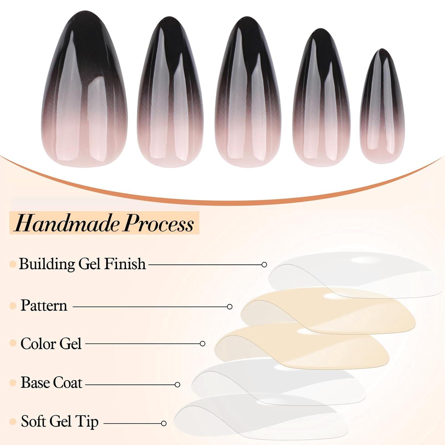 24 schwarze Press On Nails Almond Gotische Falsche Nägel Ombre Stiletto ABS