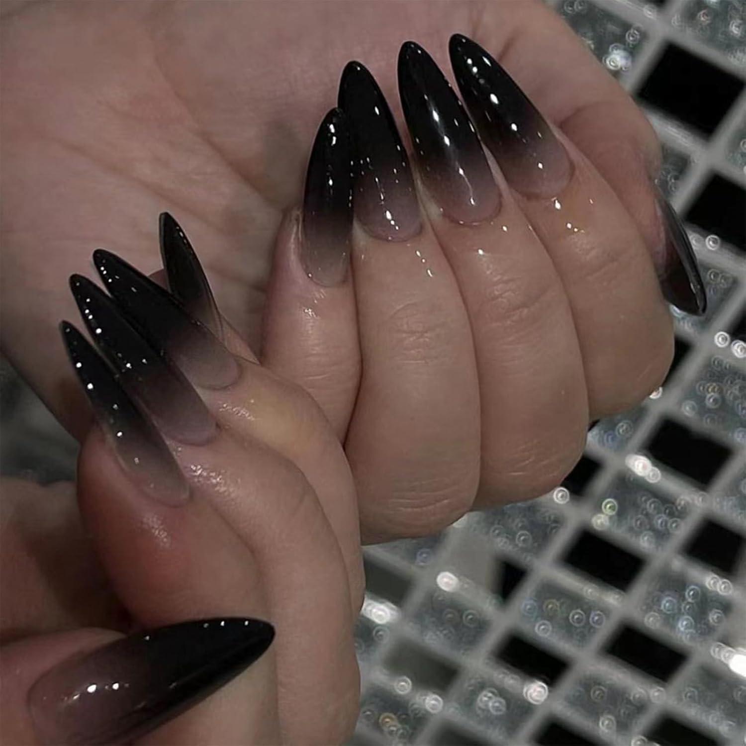 24 Stücke Schwarze Press On Nägel Mittel Almond Gotisch Ombre Glänzend