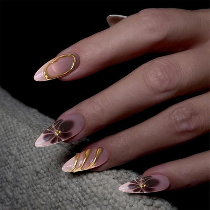 24 Stücke Almond Braun 3D Gold Design Mittel Stiletto Nägel