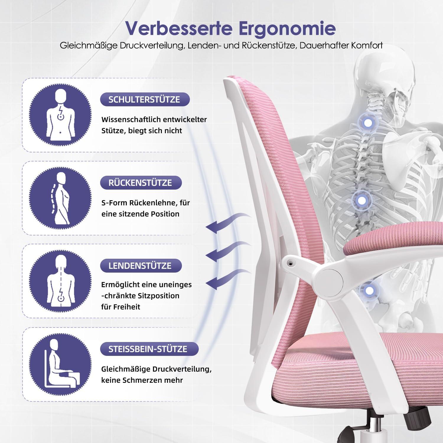 Ergonomischer Bürostuhl mit verstellbarer Lendenstütze, klappbaren Armlehnen, Wippfunktion und 150 kg Tragkraft - Rosa