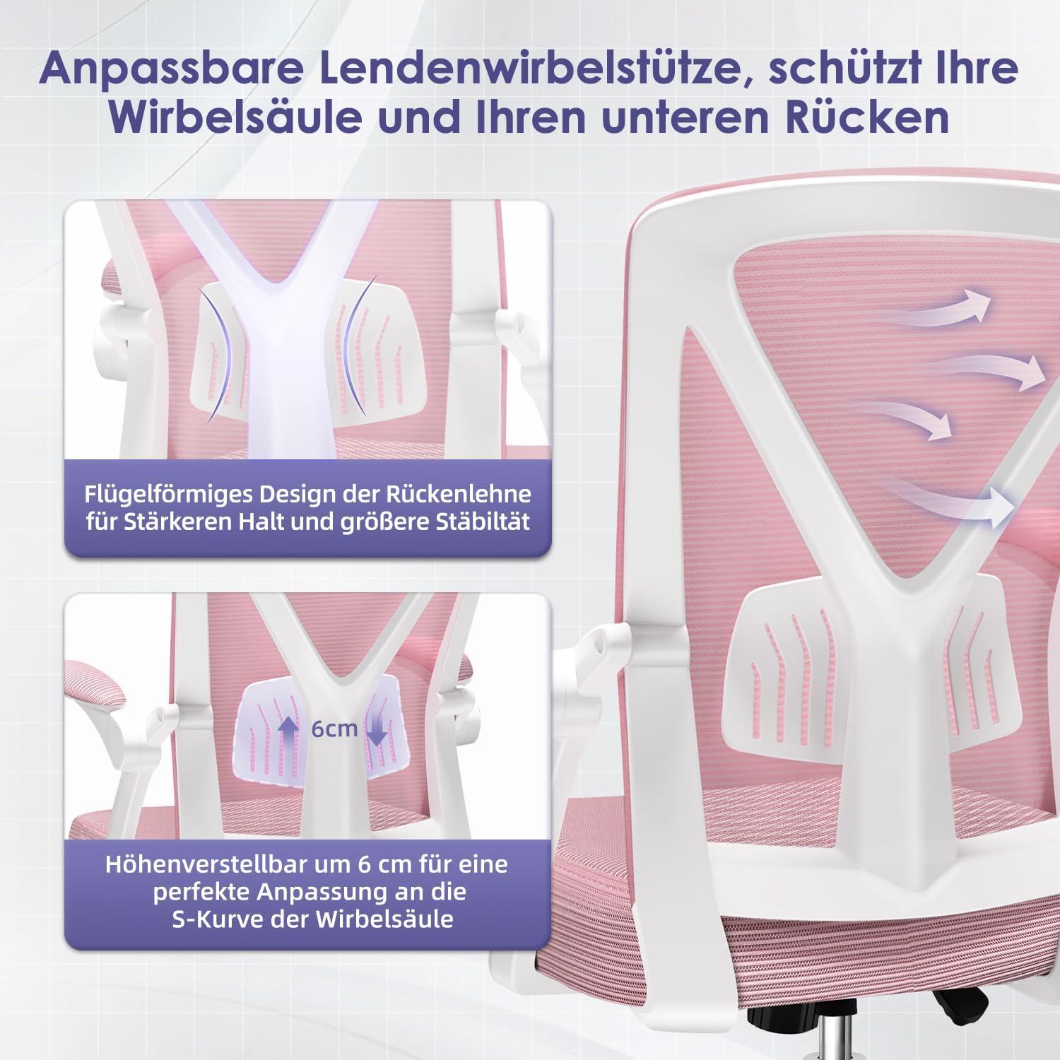 Ergonomischer Bürostuhl Rosa mit Lendenstütze, Armlehnen, Drehfunktion