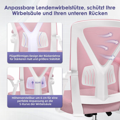 Ergonomischer Bürostuhl Rosa mit Lendenstütze, Armlehnen, Drehfunktion