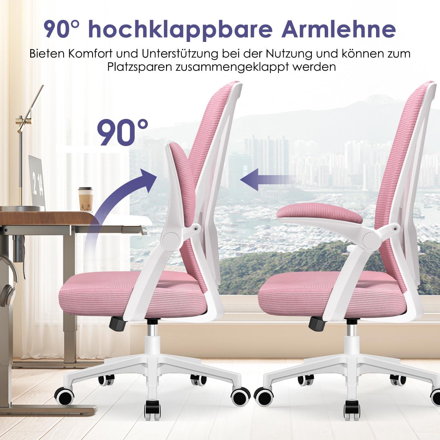 Ergonomischer Bürostuhl Rosa mit Lendenstütze, Armlehnen, Drehfunktion
