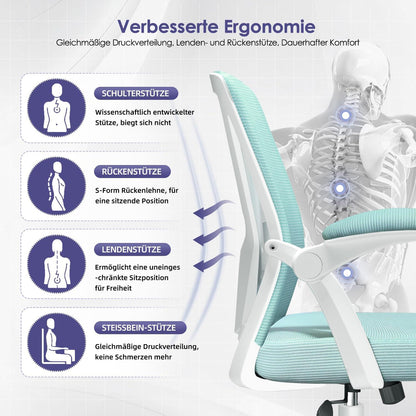 Ergonomischer Bürostuhl mit Einstellbarer Lendenstütze, klappbaren Armlehnen, Drehstuhl, Wippfunktion, höhenverstellbar, 150 kg, Blaugrün