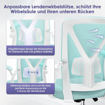 Ergonomischer Bürostuhl Blaugrün mit Lendenstütze und klappbaren Armlehnen