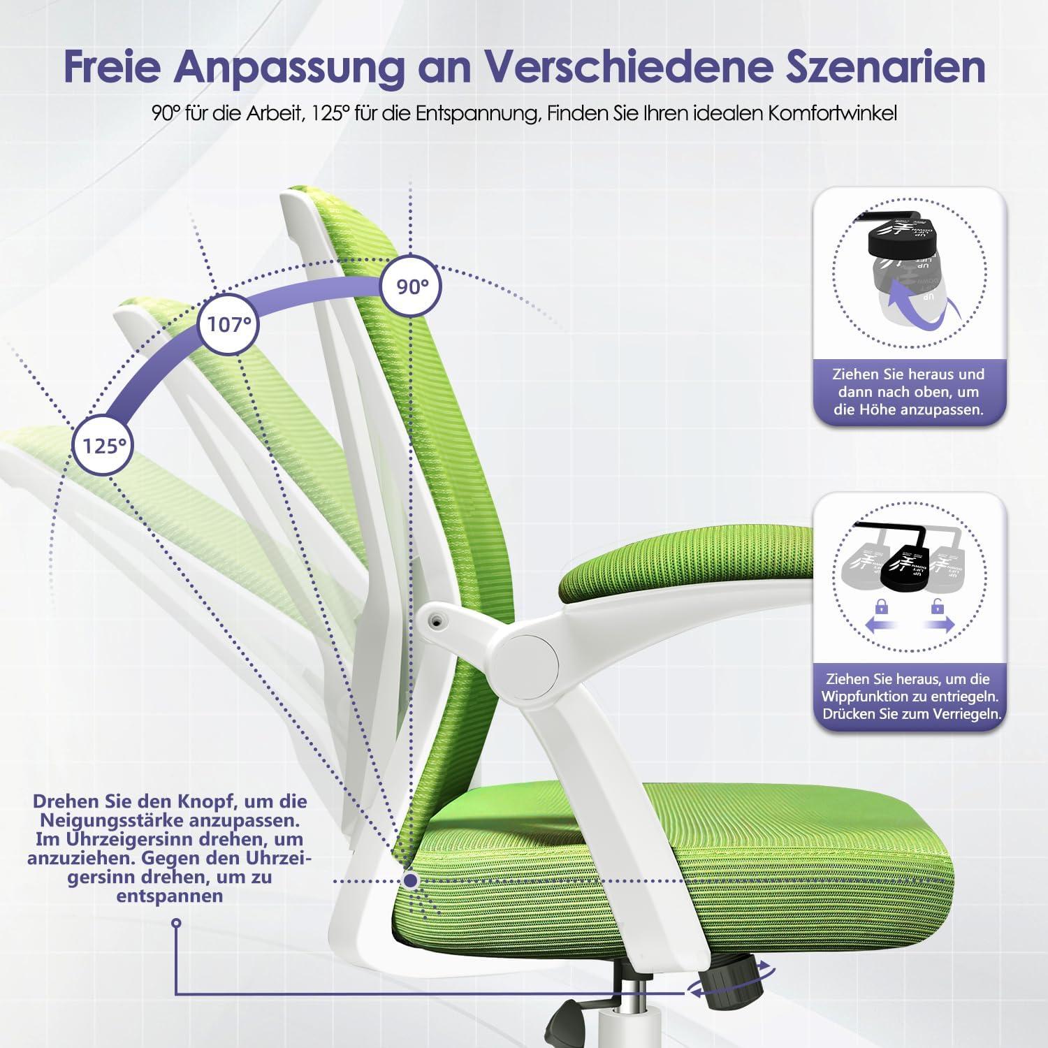 Ergonomischer Bürostuhl Grün mit Lendenstütze, Armlehnen, Wippfunktion