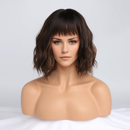 Braune Bob Perücke mit Pony & Highlights - Schulterlang, Lockig