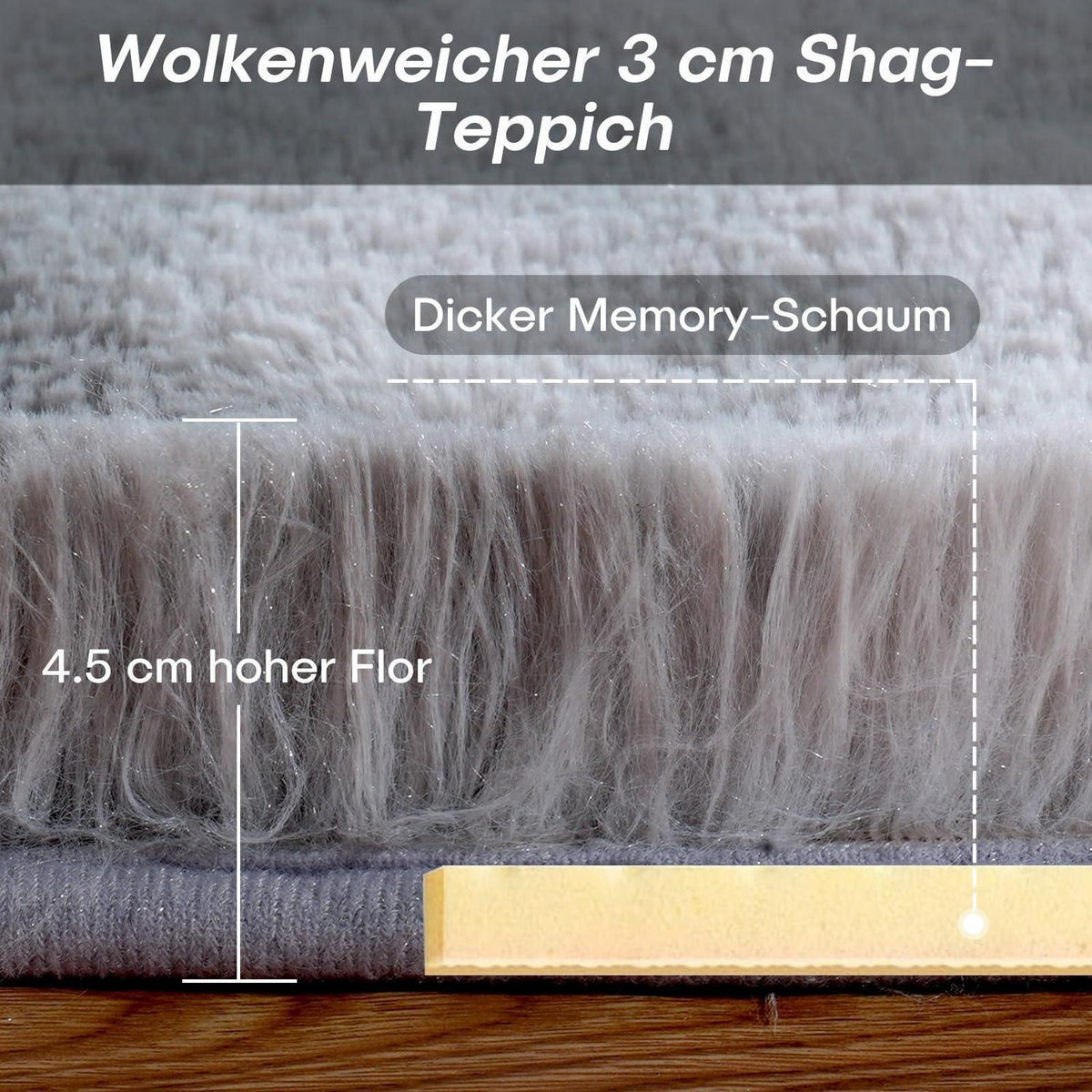 Hochflor Teppich Hellgrau 90x150cm - Kuscheliger Wohnteppich