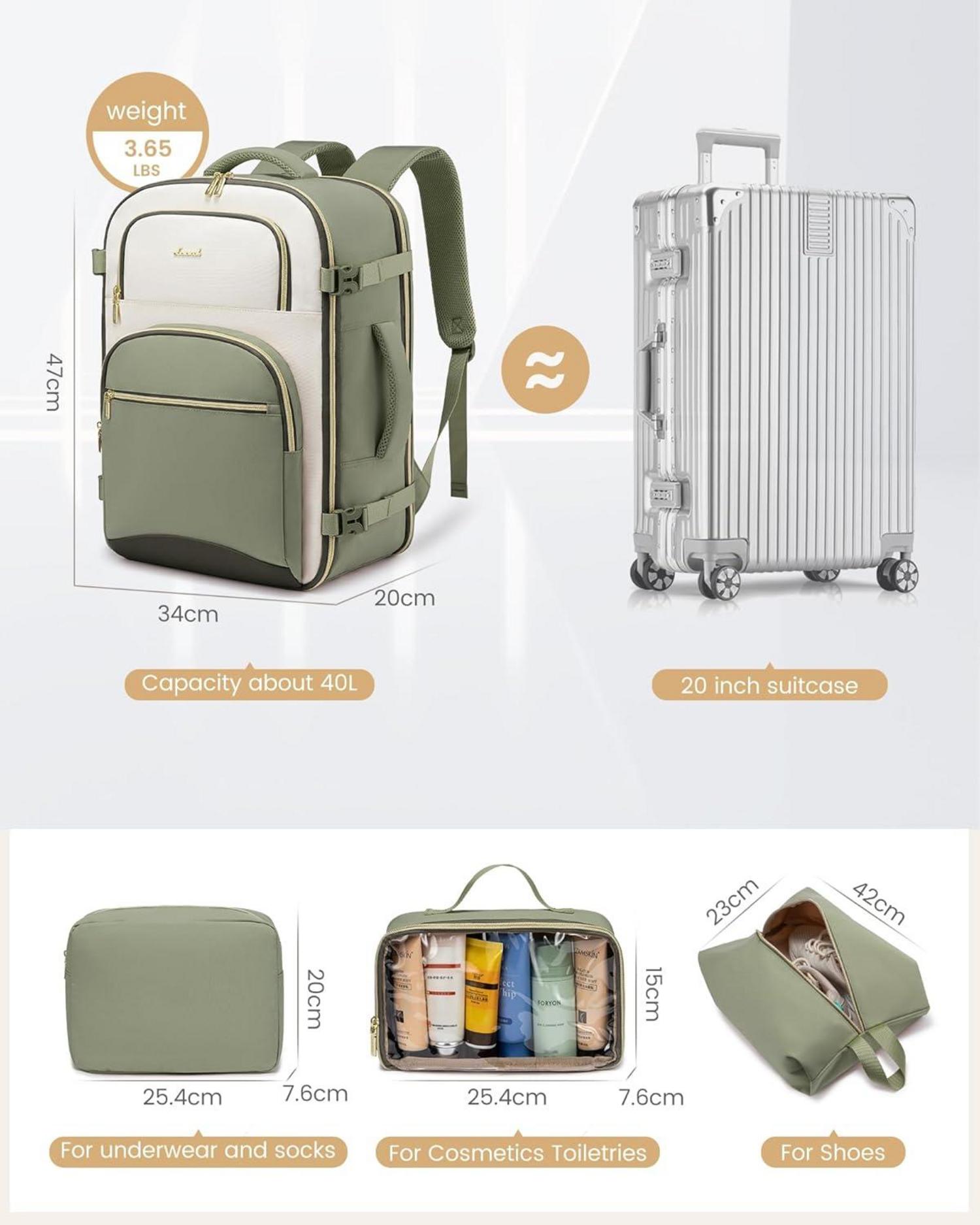 Großer Handgepäck Rucksack 40L für Damen Herren mit Laptopfach