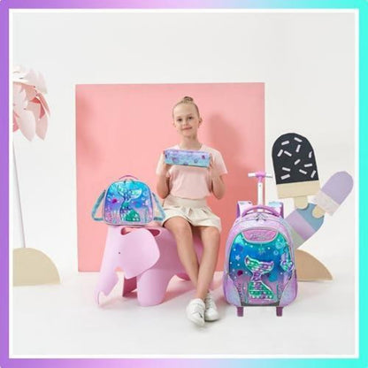 Rollrucksack für Mädchen 6-8 Jahre – Meerjungfrau & Violett Set